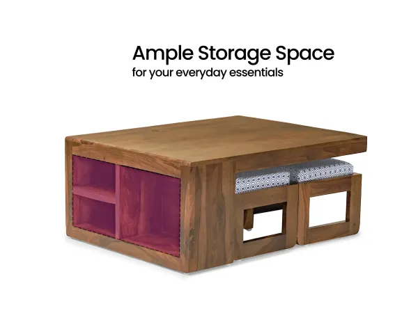 Alexa Solid Wood Coffee Table with 4 Stools